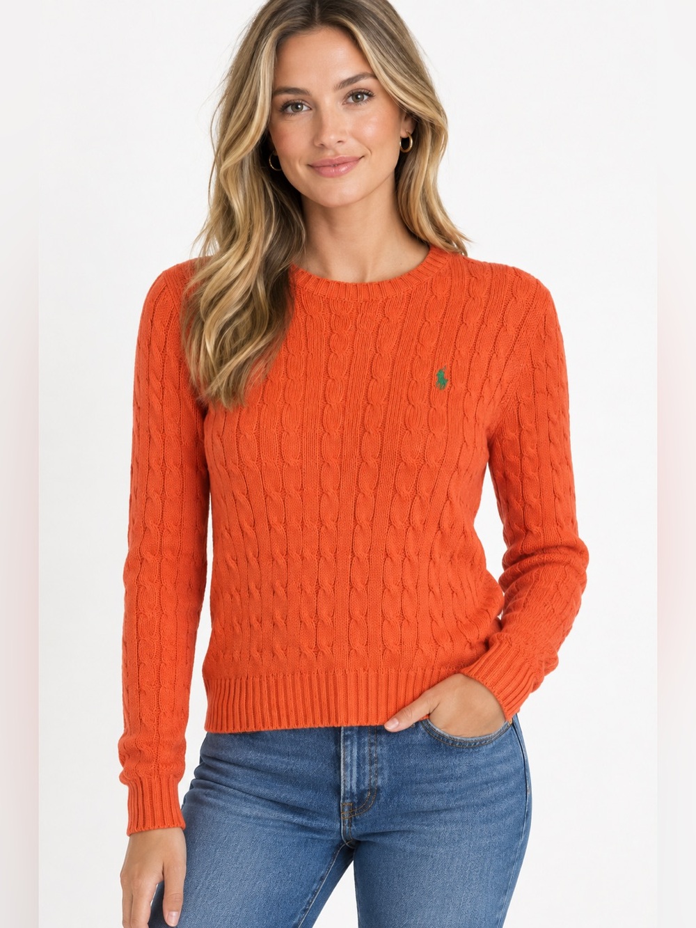 Ralph Lauren Orange Cable-Knit Crewneck Sweater 100% Cotton Size XL